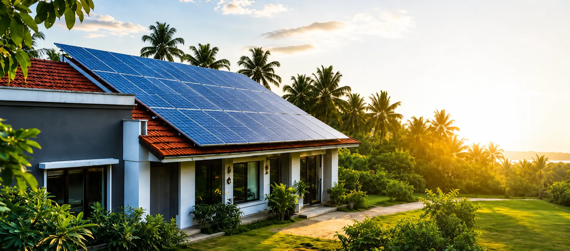 Kerala home with rooftop solar panels at sunset